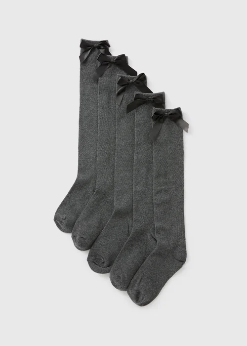 5 Pack Girls Grey Bow Knee High Socks (Younger 6-Older 5.5) - 4-5.5 Image 1