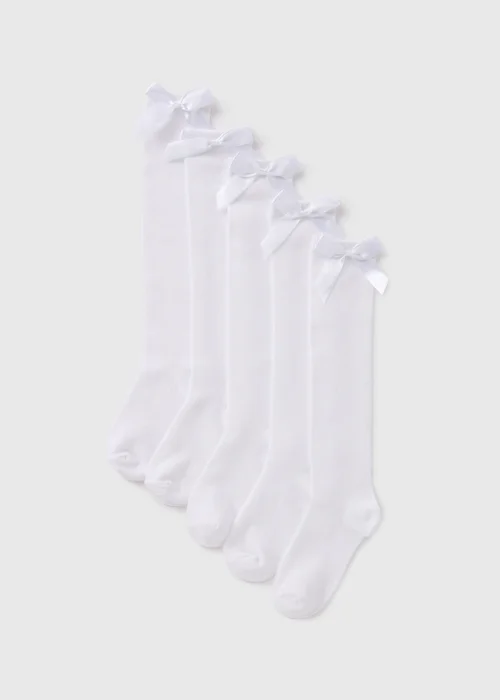 5 Pack Girls White Knee High Bow Socks (2-12yrs) - 4-5.5 Image 1