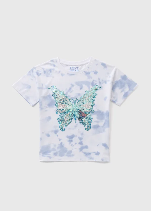 Girls Blue Acid Wash Butterfly T-Shirt (7-15yrs) - Age 7 Years Image 1