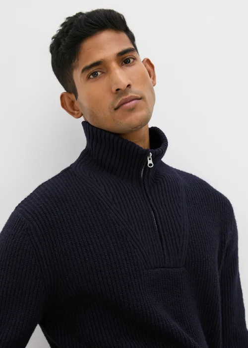 Navy Ribbed 1/4 Zip Jumper - S Image 3