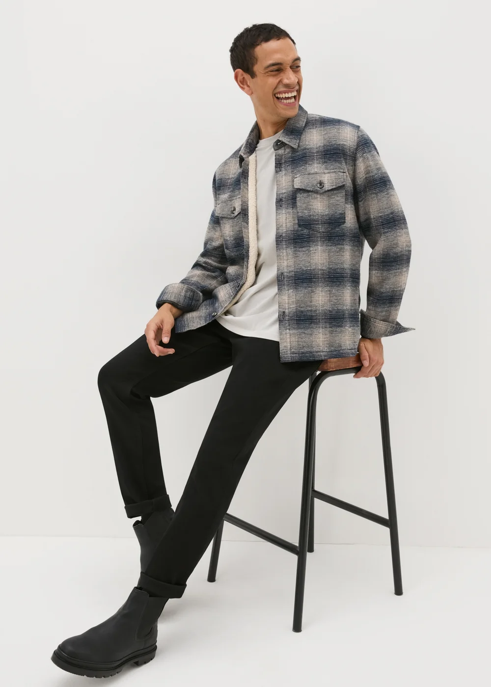 Navy Check Borg Shacket - S Image 3
