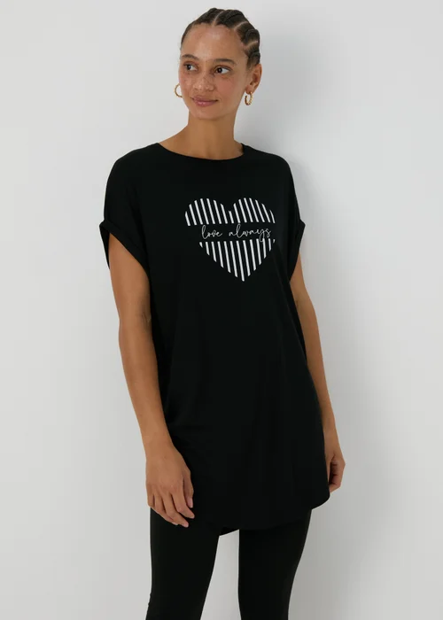 Black Longline Heart Slogan T-Shirt - S Image 1