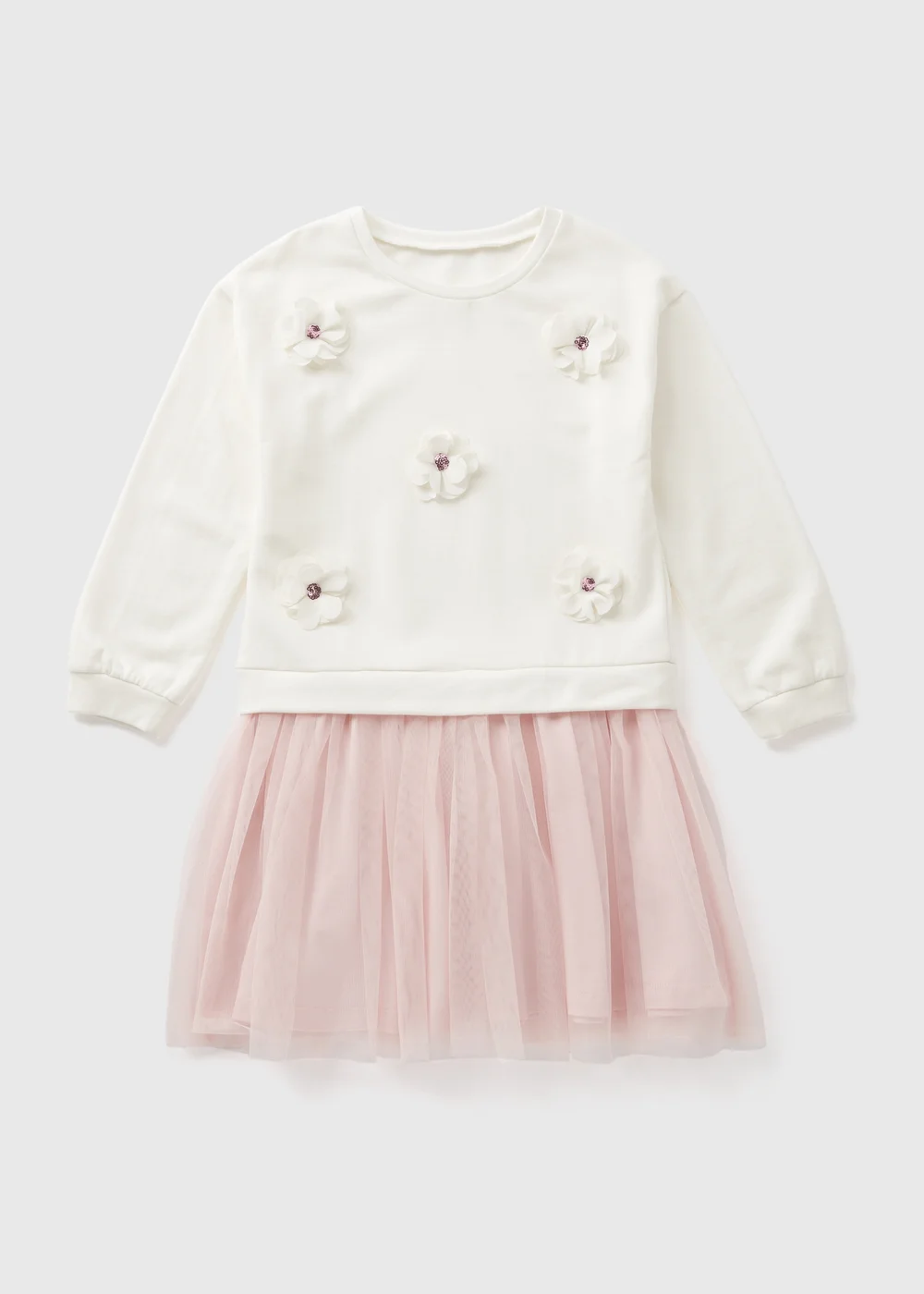 Girls Cream Mesh Flower Sweat Dress (1-7yrs) - Age 2 - 3 Years Image 1