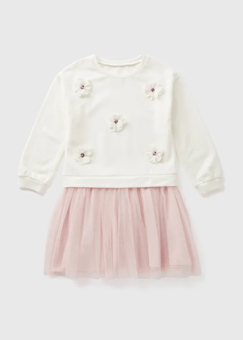 Girls Cream Mesh Flower Sweat Dress (1-7yrs) - Age 2 - 3 Years Image 1