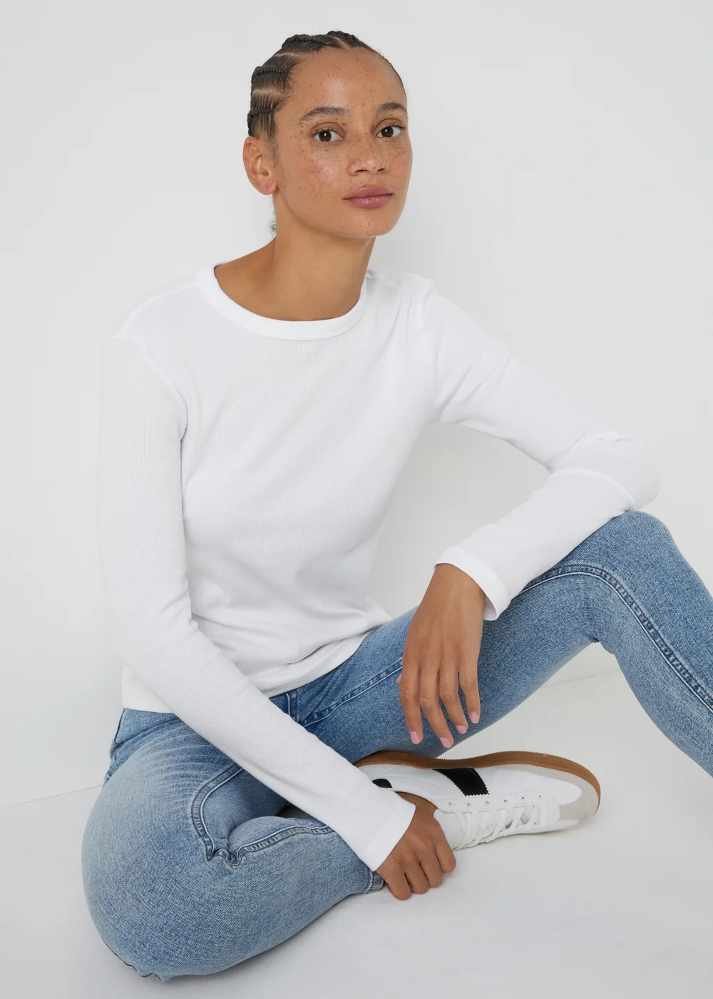 White Ribbed Long Sleeve Top - 8 Image 1