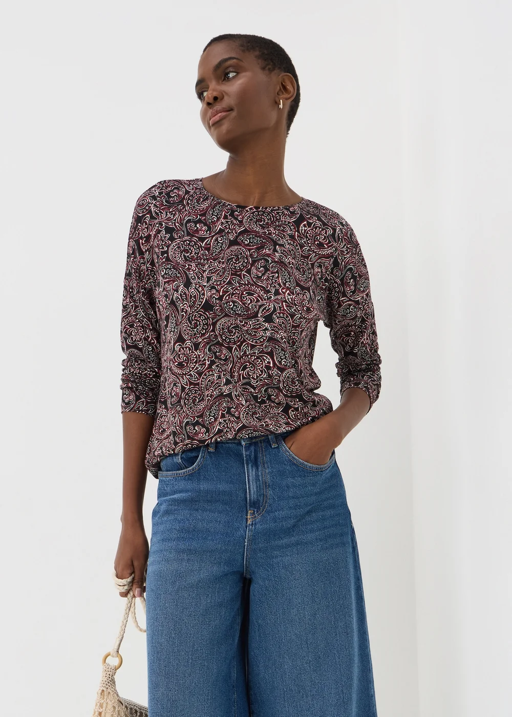 Burgundy Paisley Print Long Sleeve Top - S Image 1