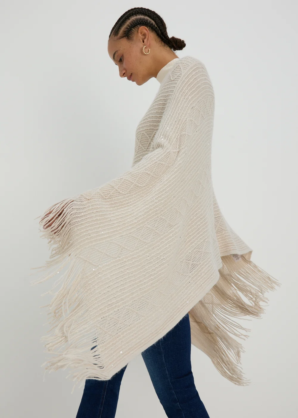 Oatmeal Sequin Poncho - One Size Image 1