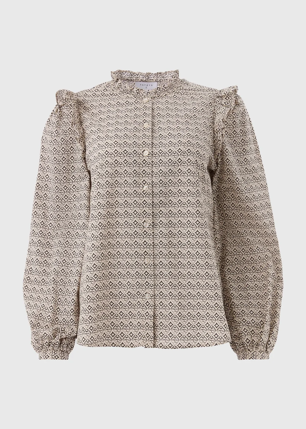 Cream Geometric Print Ruffle Neck Blouse - 8 Image 5