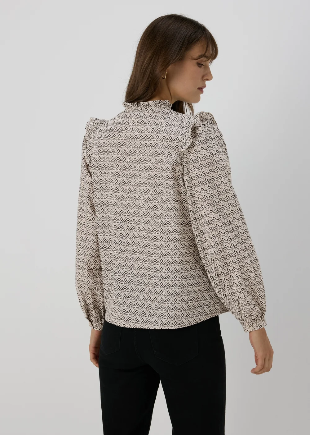 Cream Geometric Print Ruffle Neck Blouse - 8 Image 2