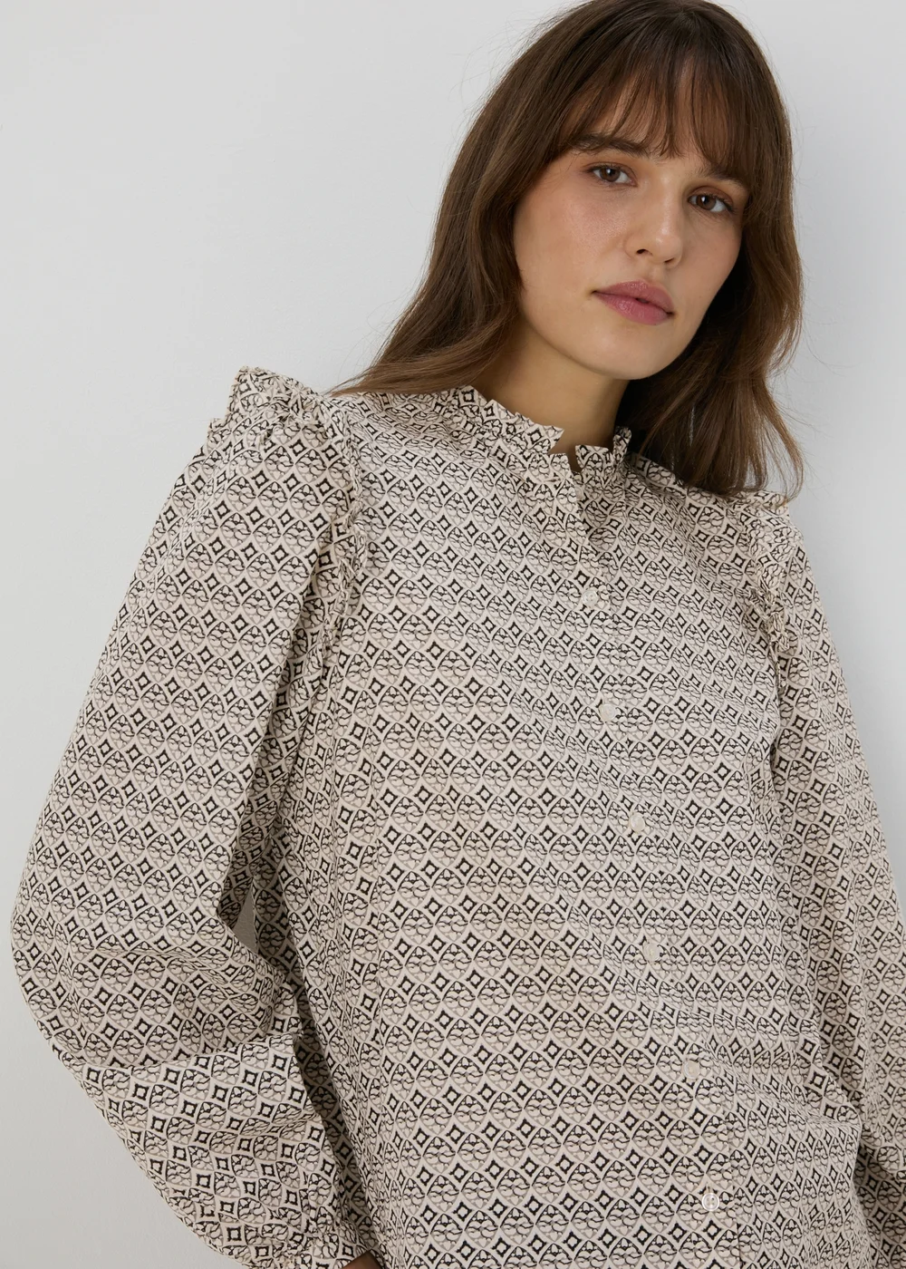 Cream Geometric Print Ruffle Neck Blouse - 8 Image 1