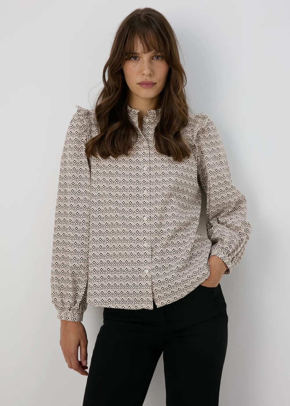 Cream Geometric Print Ruffle Neck Blouse - 8 Image 3