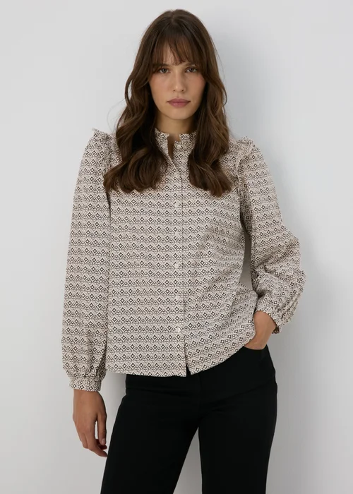 Cream Geometric Print Ruffle Neck Blouse - 8 Image 3