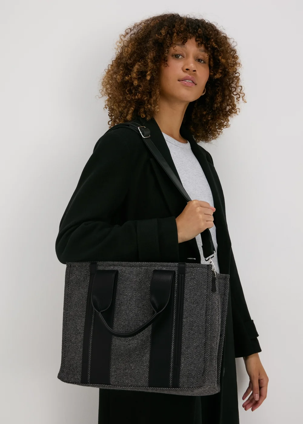 Grey Herringbone Tote Bag - One Size Image 2