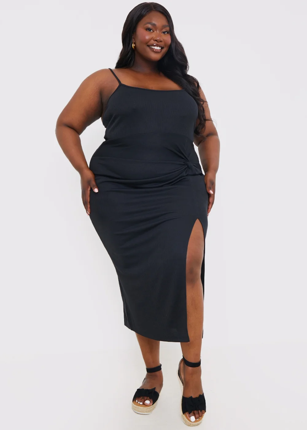 In The Style Black Ribbed Ruched Midi Dress - Size 22 Image 5