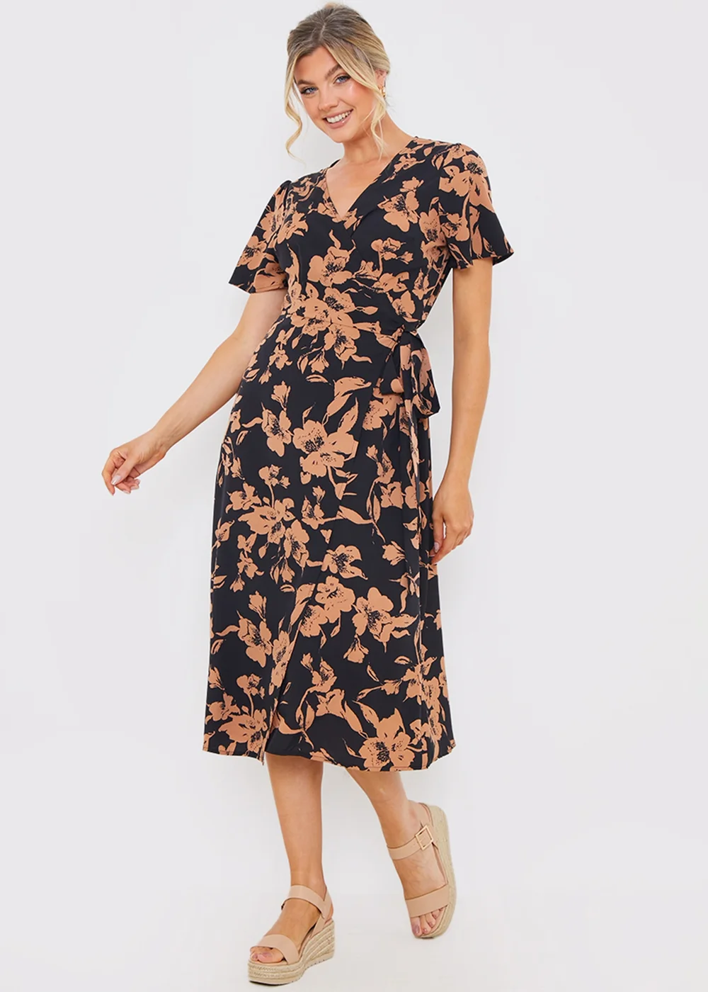 In The Style Black Floral Wrap Midi Dress - Size 14 Image 2