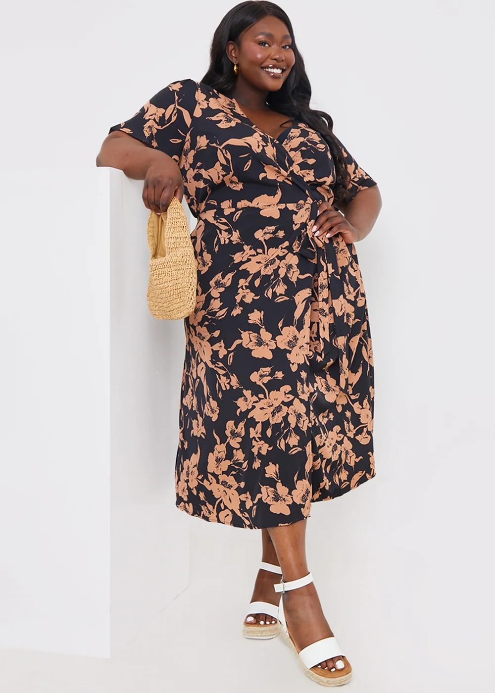 In The Style Black Floral Wrap Midi Dress - Size 14 Image 5