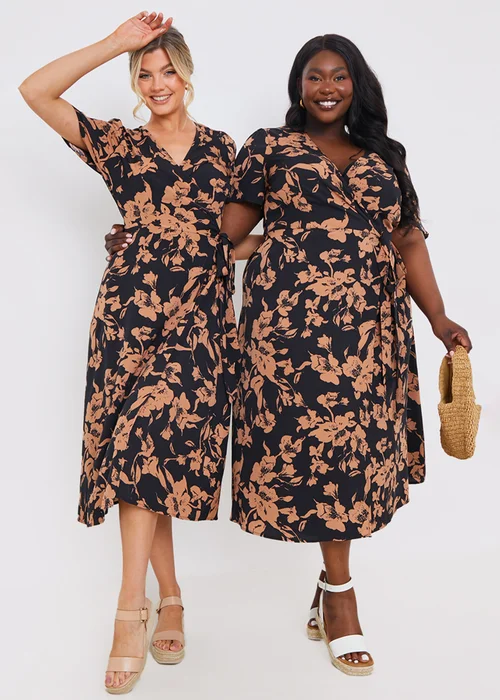 In The Style Black Floral Wrap Midi Dress - Size 14 Image 1