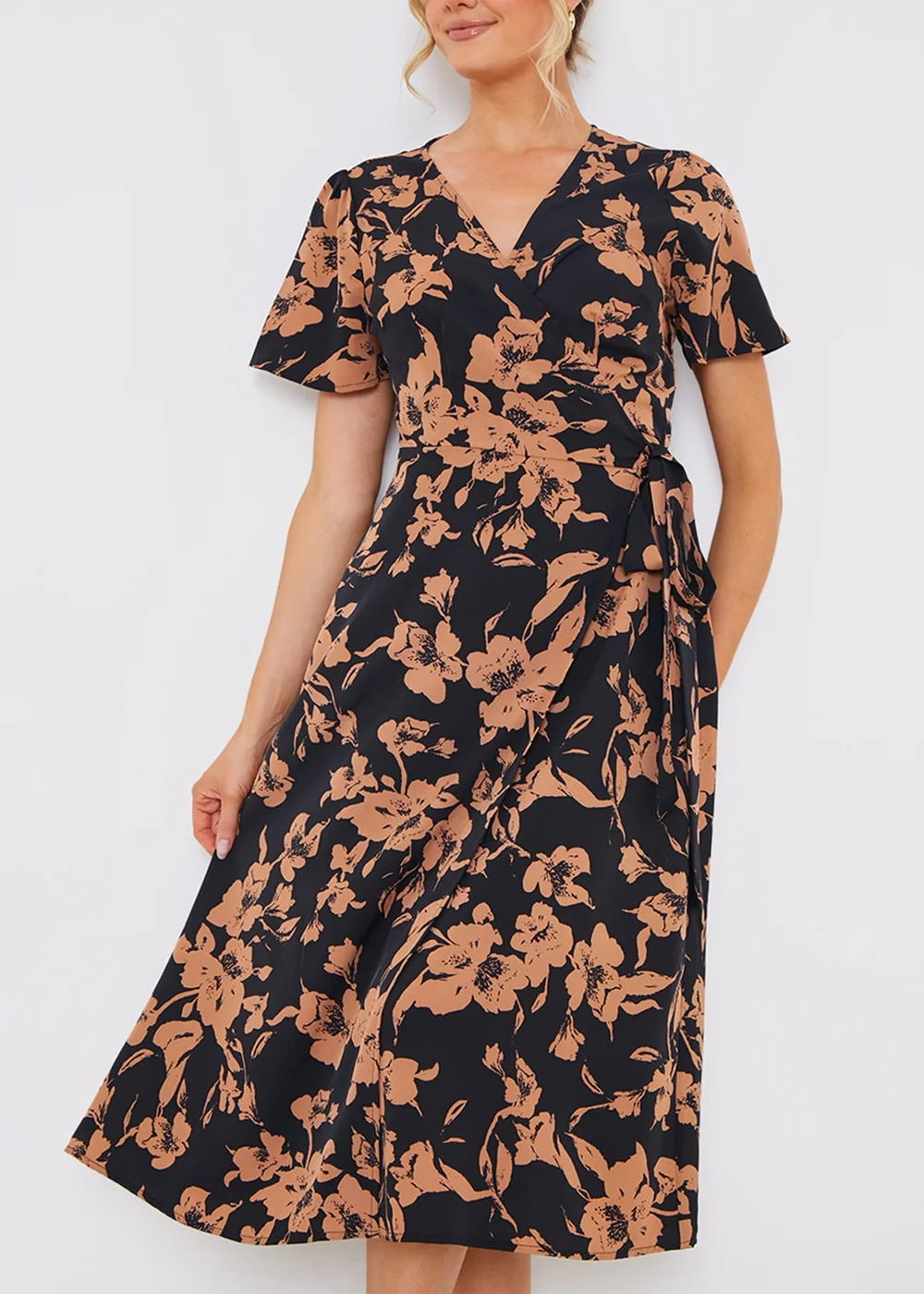 In The Style Black Floral Wrap Midi Dress - Size 14 Image 3