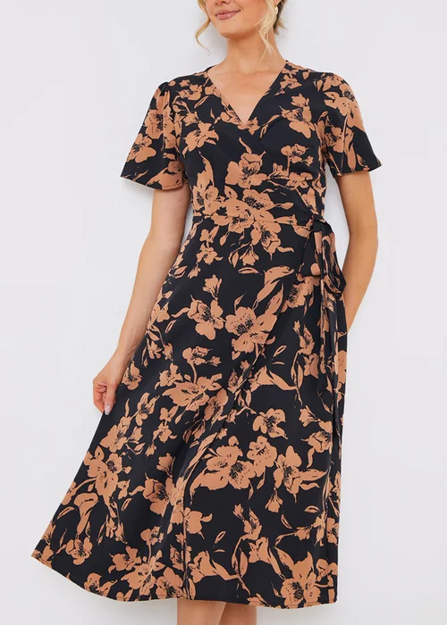 In The Style Black Floral Wrap Midi Dress - Size 14 Image 3