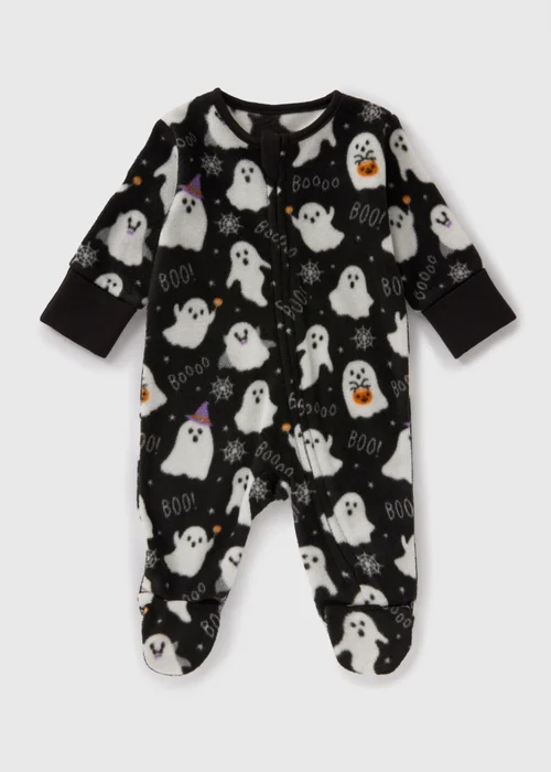 Baby Black Halloween Ghost Fleece Sleepsuit (Newborn-18mths) - Age 0 - 3 Months Image 1