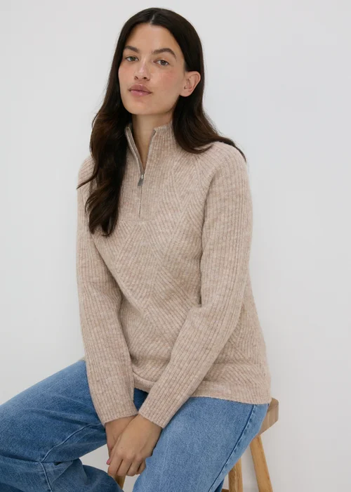 Beige Zip Ribbed Jumper - XS Image 1