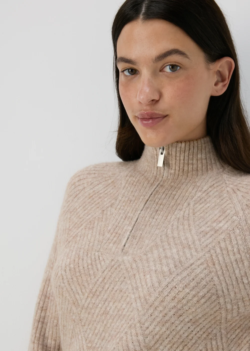 Beige Zip Ribbed Jumper - XS Image 3