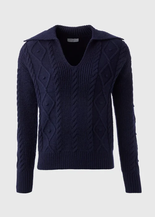 Navy Open Collar Cable Knit Jumper - XS Image 4