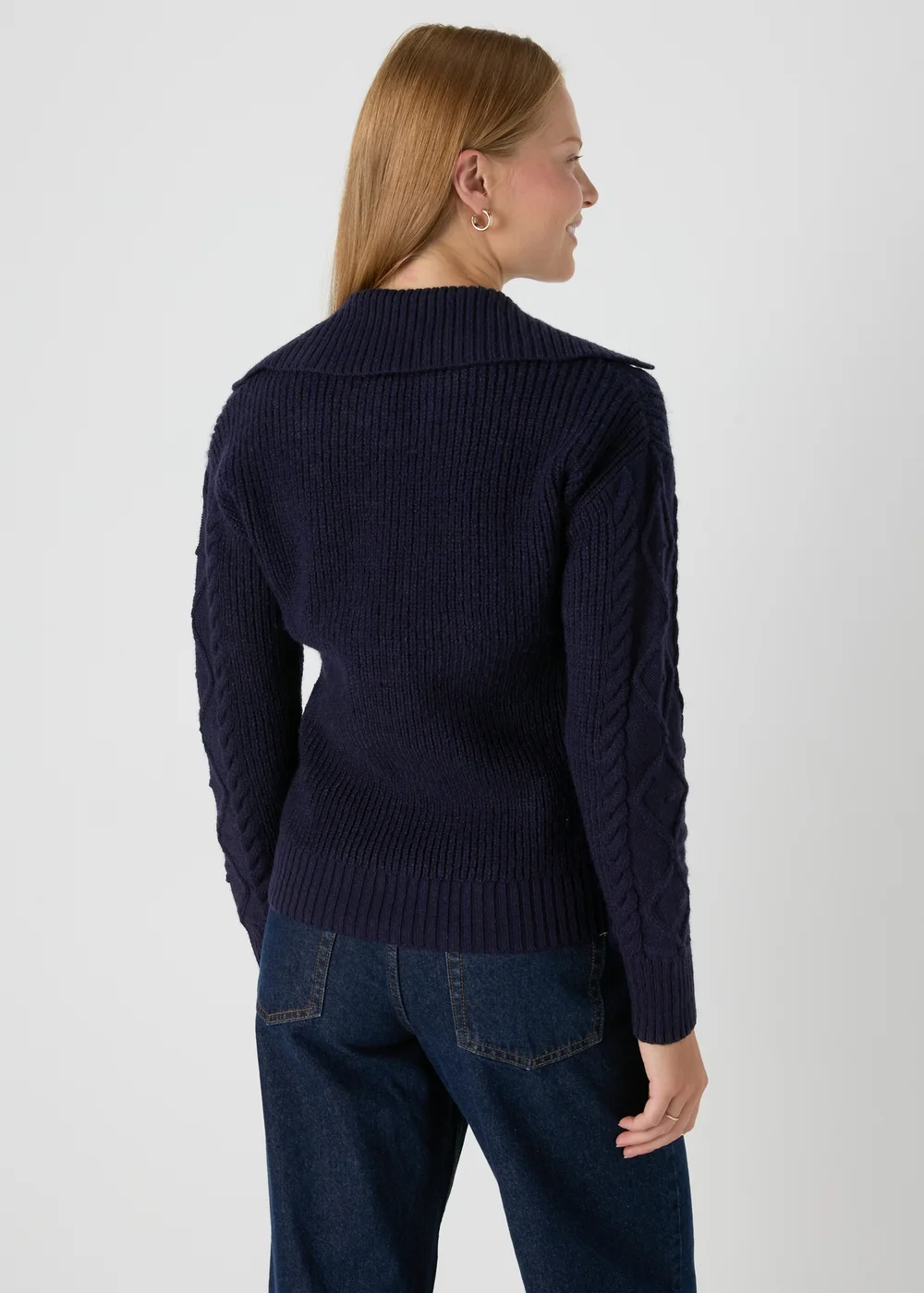 Navy Open Collar Cable Knit Jumper - XS Image 2
