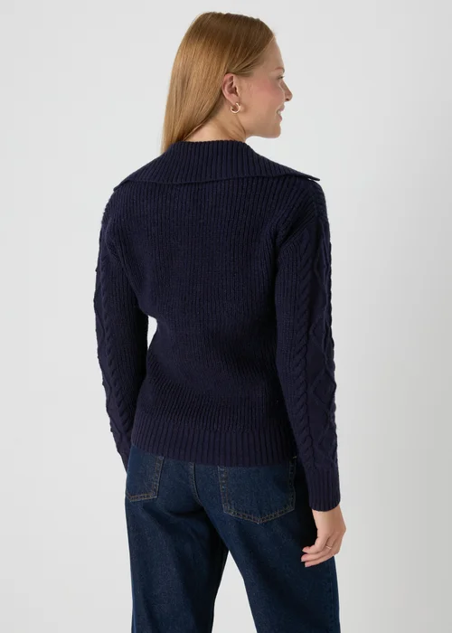 Navy Open Collar Cable Knit Jumper - XS Image 2
