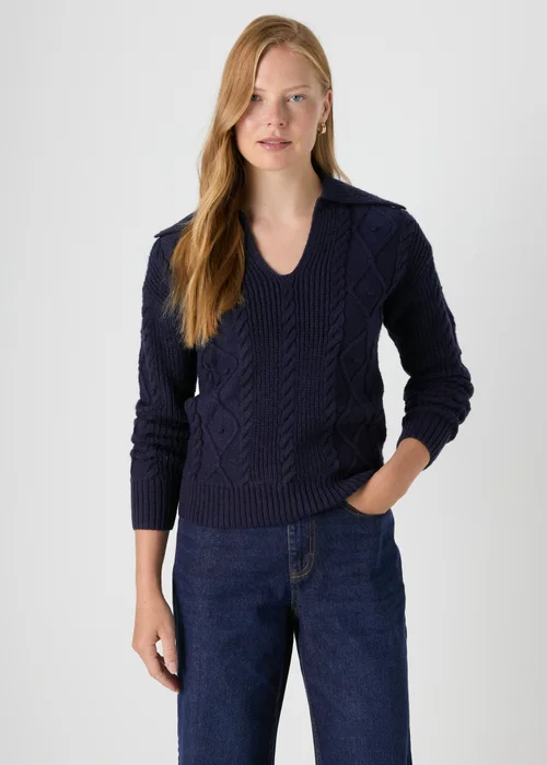 Navy Open Collar Cable Knit Jumper - XS Image 3