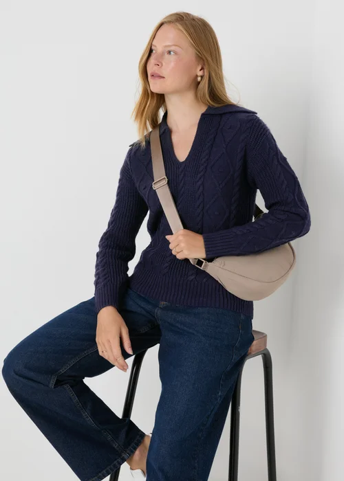 Navy Open Collar Cable Knit Jumper - XS Image 1