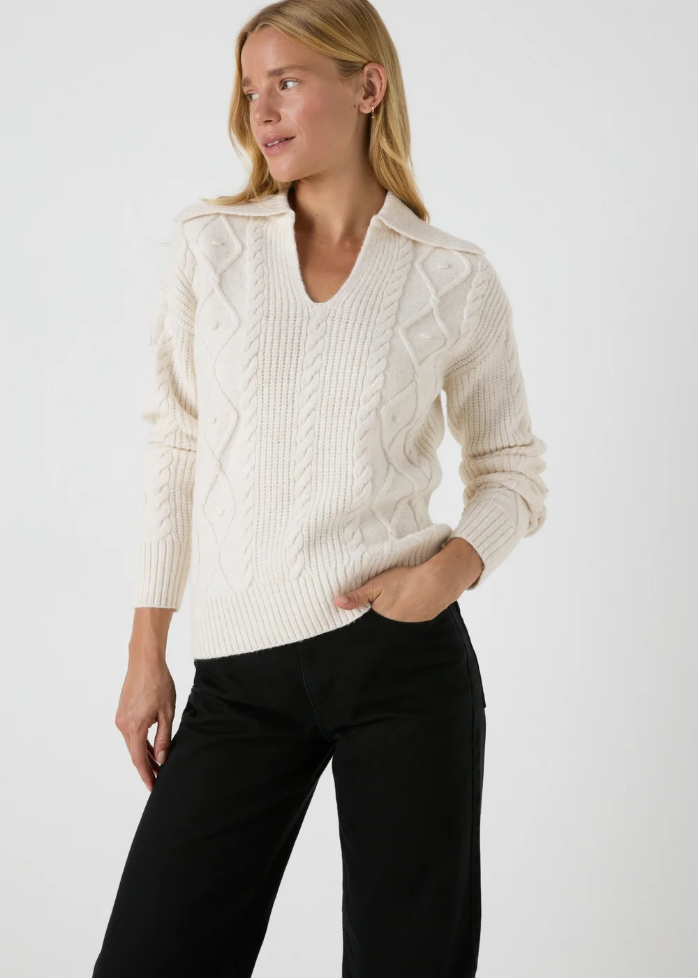Cream Open Collar Cable Knit Jumper - XS Image 1