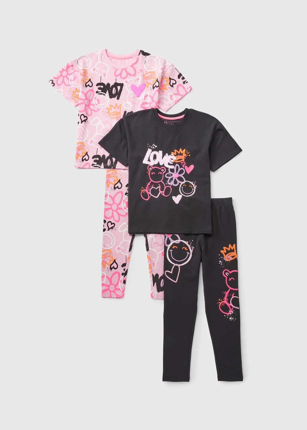 2 Pack Girls Pink Graffiti Pyjama Set (10-12yrs) - Age 7 Years Image 1