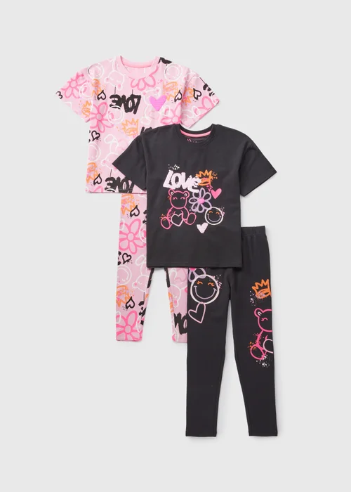 2 Pack Girls Pink Graffiti Pyjama Set (10-12yrs) - Age 7 Years Image 1