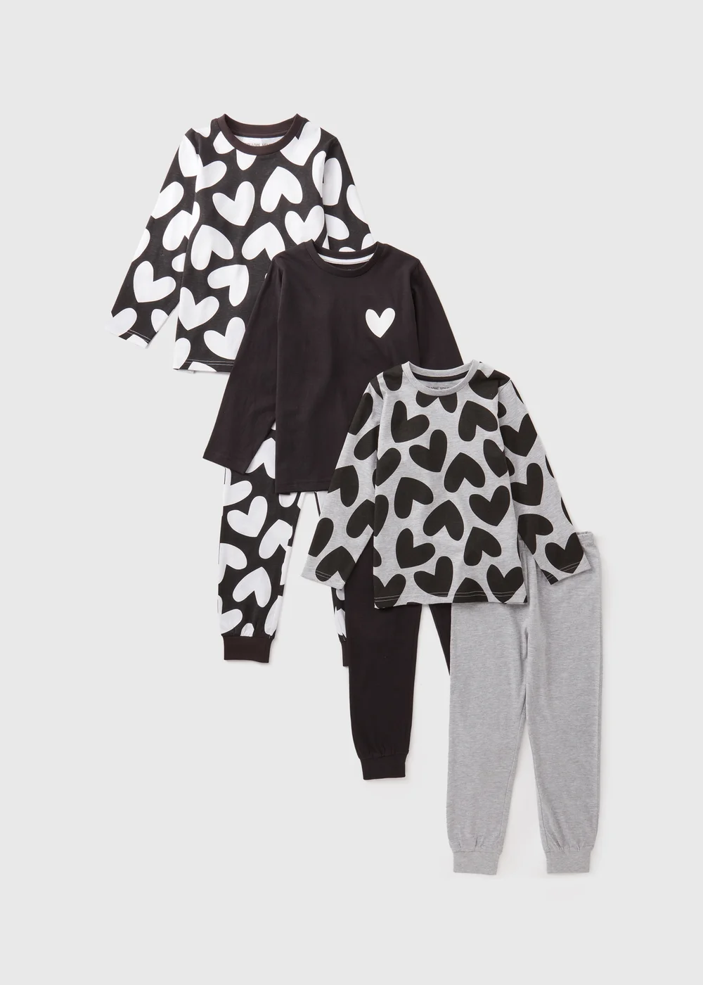 3 Pack Girls Black Heart Top & Bottoms Pyjama Set (7-13yrs) - Age 10 Years Image 1