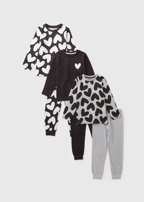 3 Pack Girls Black Heart Top & Bottoms Pyjama Set (7-13yrs) - Age 10 Years Image 1