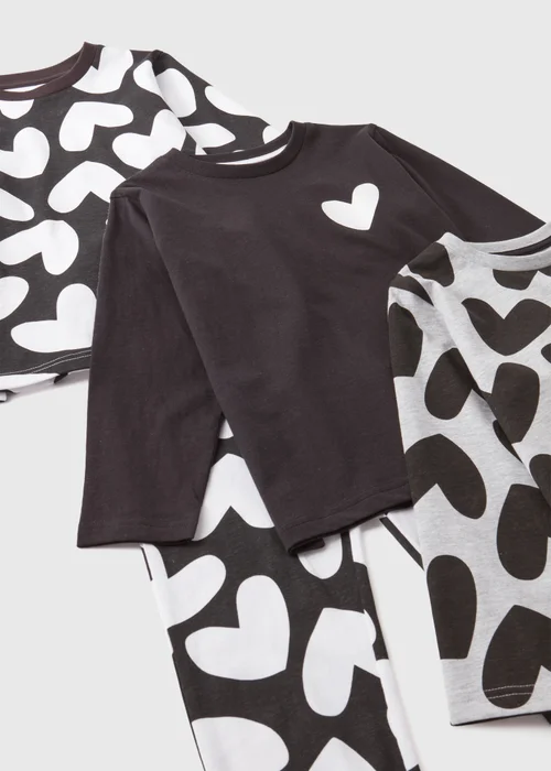 3 Pack Girls Black Heart Top & Bottoms Pyjama Set (7-13yrs) - Age 10 Years Image 2