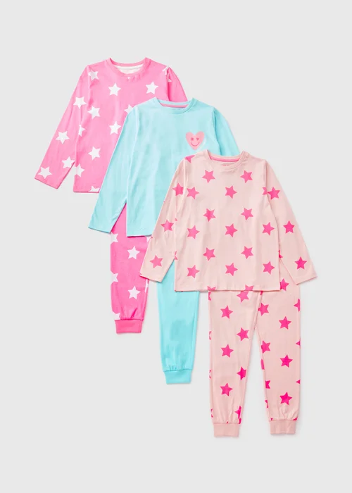 3 Pack Girls Pink Star Pyjama Top & Bottoms Set (10-12yrs) - Age 7 Years Image 1
