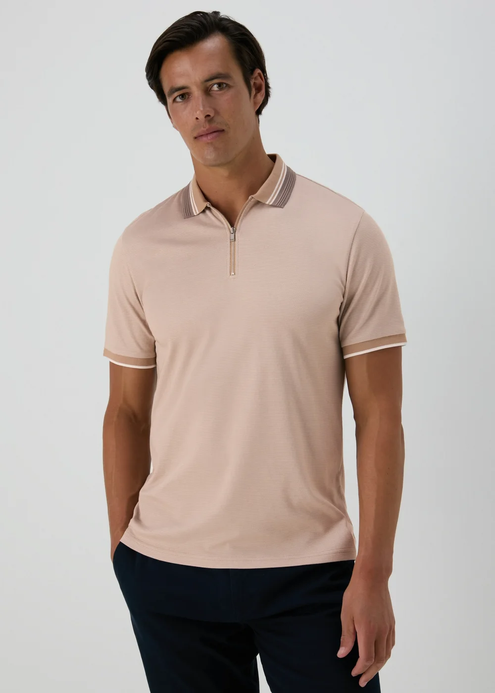 Stone Modal Zip Polo Shirt - S Image 1