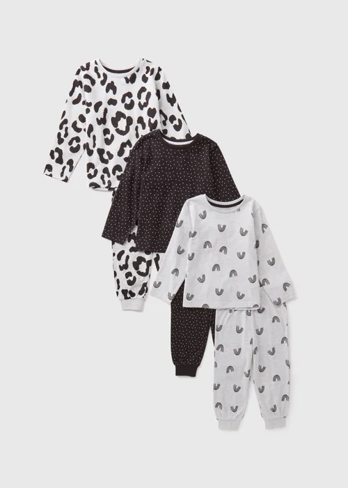 3 Pack Girls Black Print Pyjama Top & Bottoms Set (1-7yrs) - 1 half year to 2 Image 1