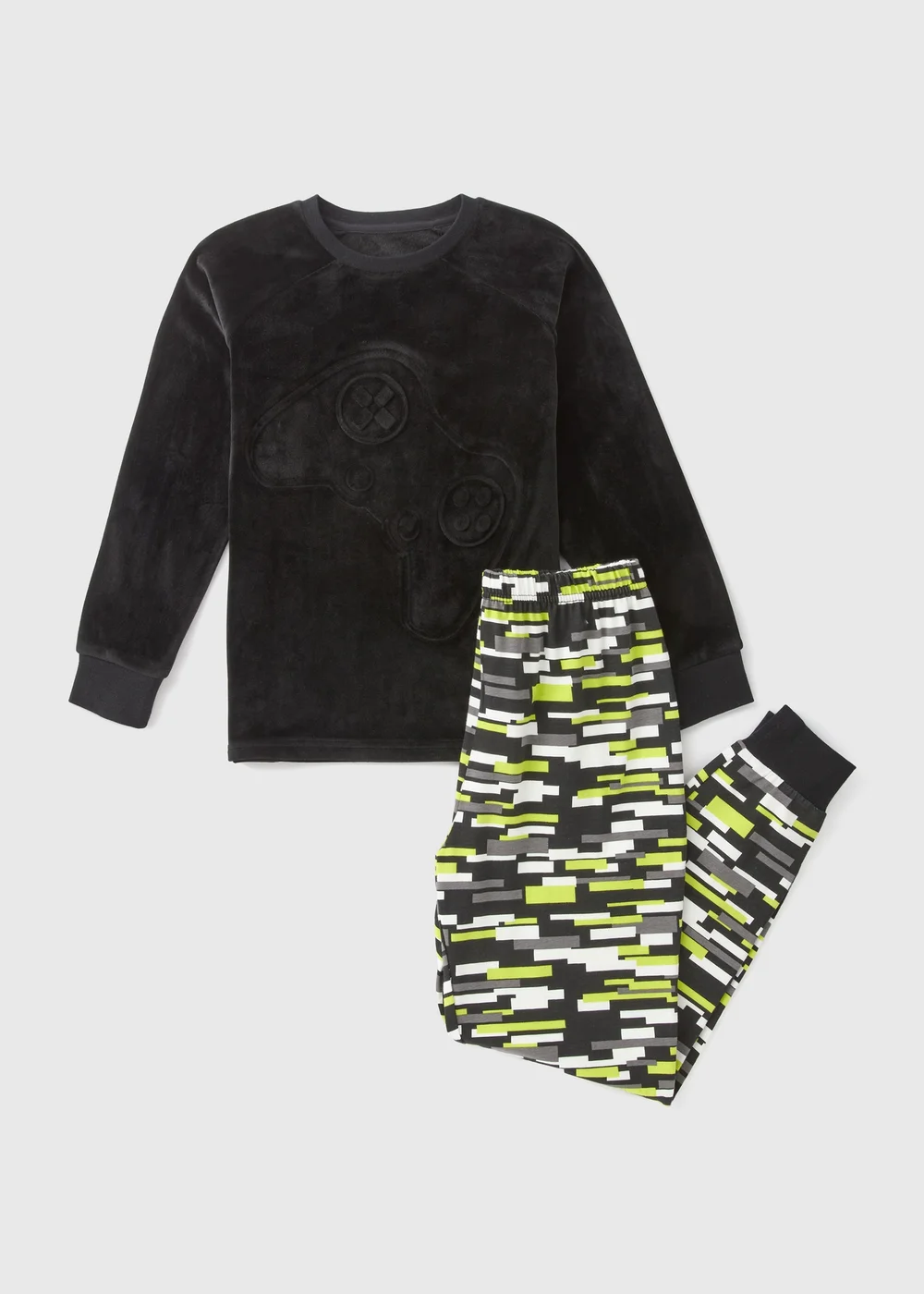 Boys Black Gamer Velour Top & Bottom Pyjama Set (7-13yrs) - Age 7 Years Image 1