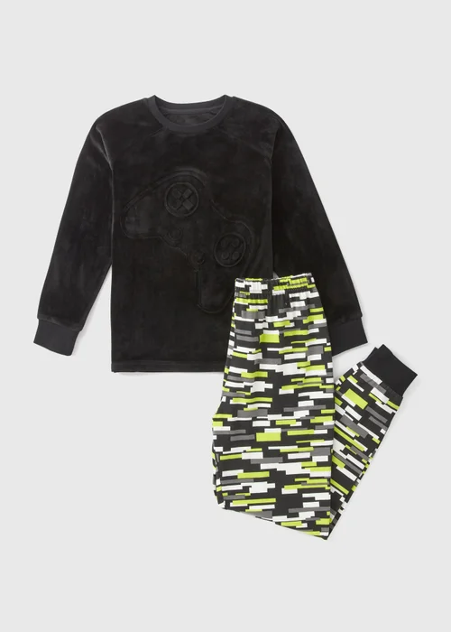 Boys Black Gamer Velour Top & Bottom Pyjama Set (7-13yrs) - Age 7 Years Image 1