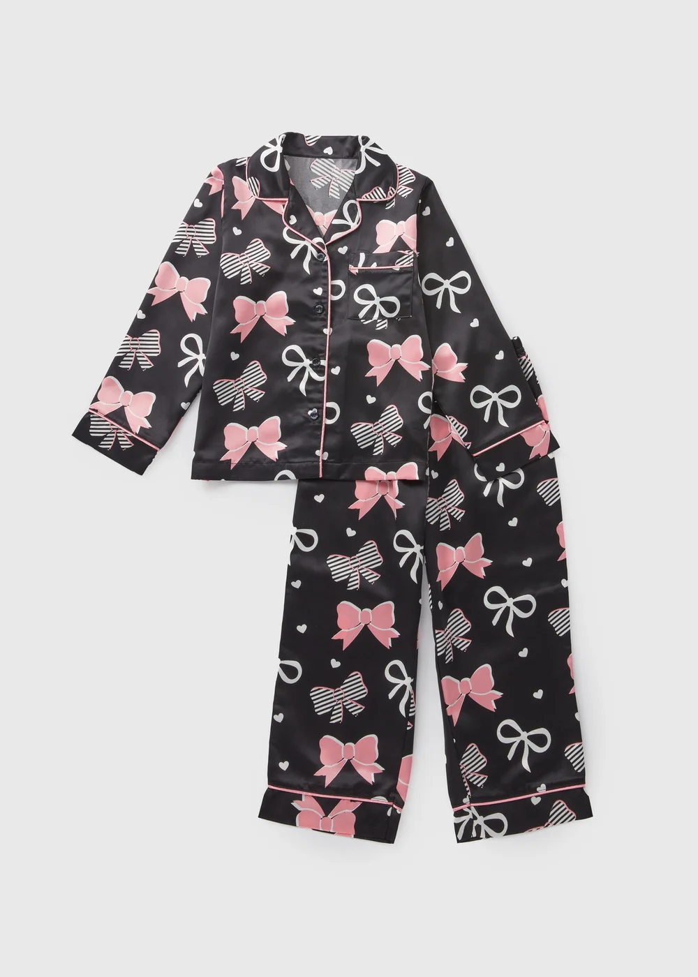 Girls Black Satin Bow Pyjama Set (4-12yrs) - Age 4 Years Image 1