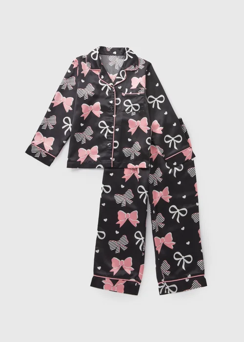 Girls Black Satin Bow Pyjama Set (4-12yrs) - Age 4 Years Image 1