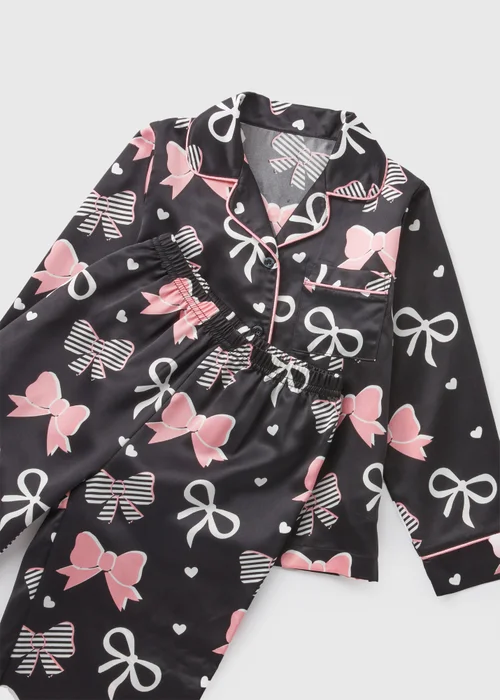 Girls Black Satin Bow Pyjama Set (4-12yrs) - Age 4 Years Image 2