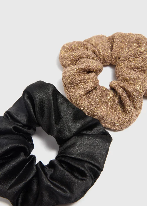 2 Pack Gold/ Black Textured Scrunchies - One Size Image 2