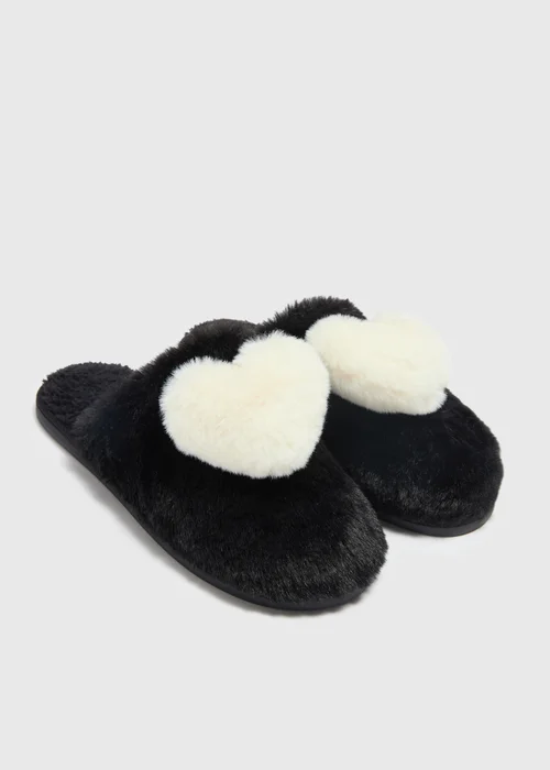 Black Heart Pom Mule Slippers - Small Image 1