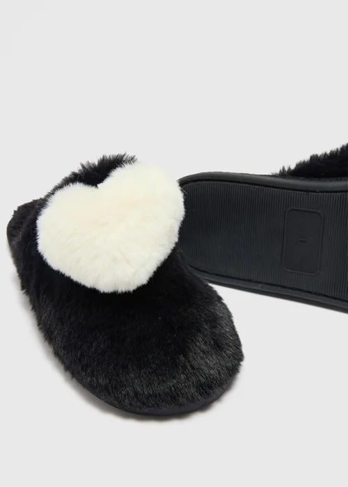 Black Heart Pom Mule Slippers - Small Image 2
