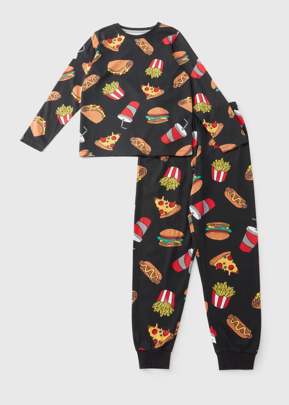 Boys Black All Over Food Print Pyjama Set (7-13yrs) - Age 7 Years Image 1