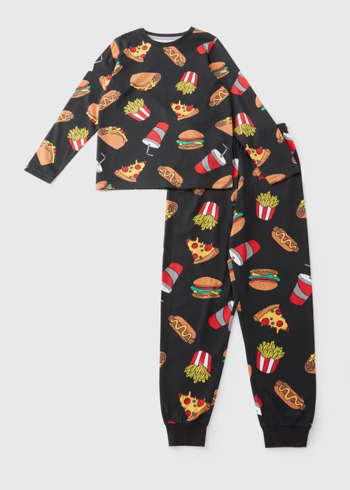 Boys Black All Over Food Print Pyjama Set (7-13yrs) - Age 7 Years Image 1